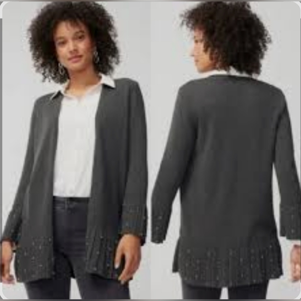 Chico's LS Cardigan Sweater Pleat Faux Pearl Trim Size Medium NWT